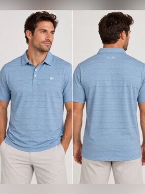 Travis Mathew Light Blue Heather Polo with Thin Stripe